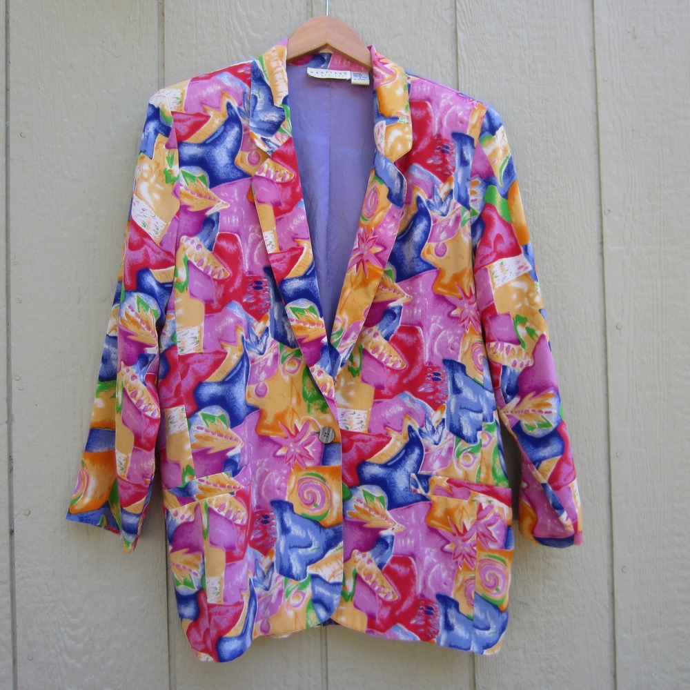 VTG Restless Clothiers Jacket Blazer womens Small Pink Floral Silk Abstract‎ Art